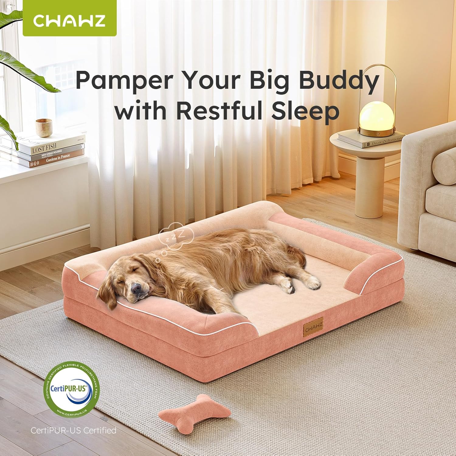 XXL Dog Bed for Extra Large Dogs, Giant Orthopedic Dog Bed with Cooling Gel Memory Foam, Waterproof Pet Bed with Removable Washable Cover, 53" Pet Sofa bed Dutch Velvet with Bone Toy, Peach Pink