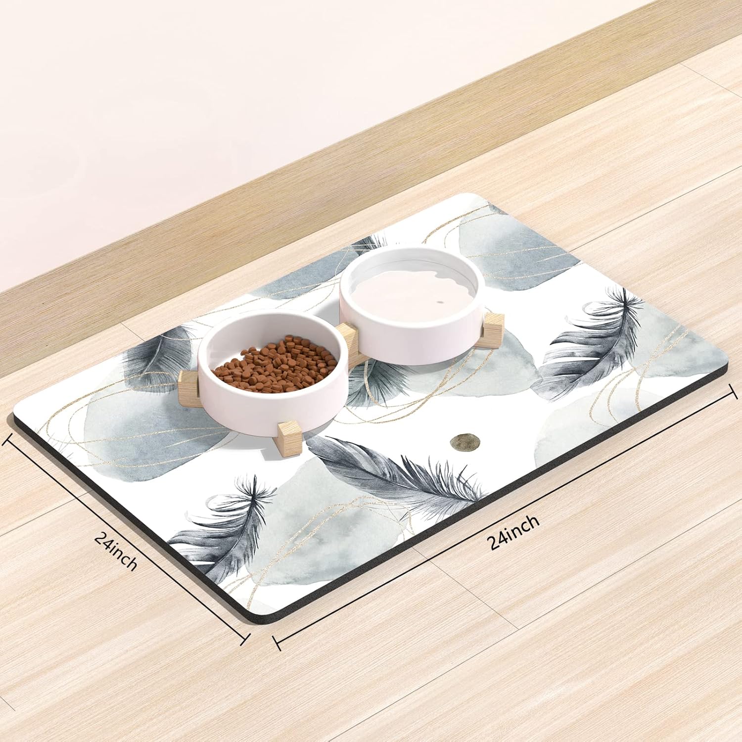 Rnivvi Dog Food Mat, 16" x 24" Absorbent Dog Cat Bowl Mat for Food and Water, Cute Anti-Slip Rubber Pet Feeding Rug Protect Floors, Puppy Placemat for Feeding & Watering Supplies, Abstract Plume