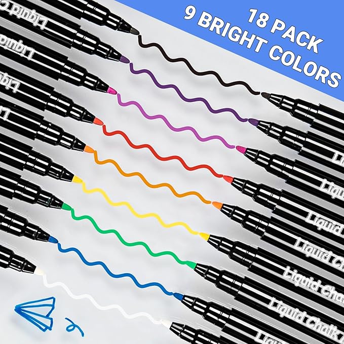 JR.WHITE Liquid Chalk Markers - 18 Pack Wet Erase Markers for Acrylic Fridge Calendar, 1mm Fine Tip Chalkboard Marker for Whiteboard, Blackboard, Glass Board, Window, Mirror, Dry Erase Board