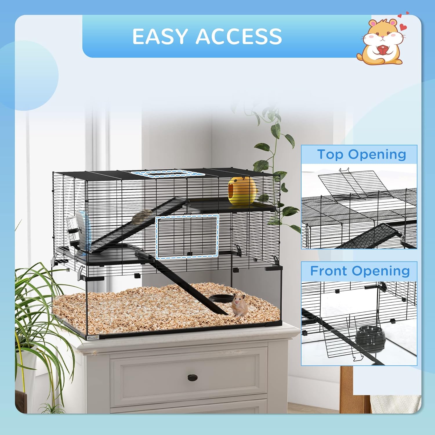 PawHut Large Hamster Cage with Deep Tempered Glass Bottom, 3 Tiers Hamster Tank with Running Wheel, Hut, Water Bottle, Dish, Rat Cage for Syrian, Dwarf, Gerbils, Mouse, 31" x 19" x 21.5", Black