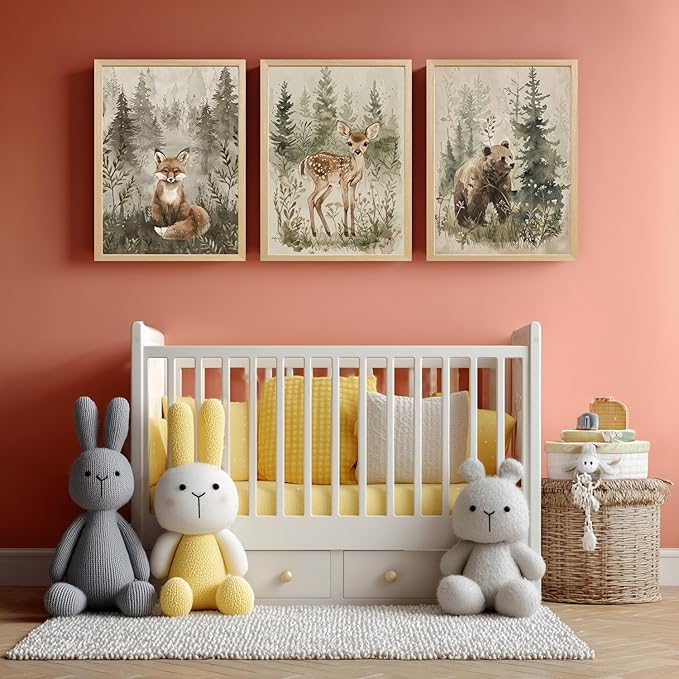 kilamino Wood Framed Woodland Animal Nursery Wall Art, Cute Fox Bear Deer Wall Decor, Neutral Wildlife Animal Art Prints, Funny Nature Forest Animal Canvas Paintings for Baby Room Playroom 12"x16"x3