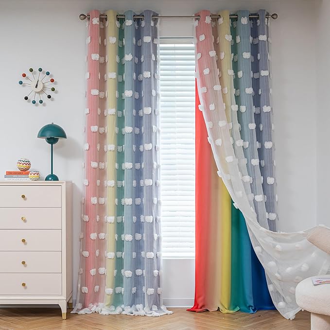 MYSKY HOME 95 Inch Long Rainbow Curtains for Girls Bedroom & Living Room - Double Layer Ombre, White Pom Pom, Blackout Sheer, Room Darkening Grommet Window Panels (2 Pieces, 52 x 95 in)