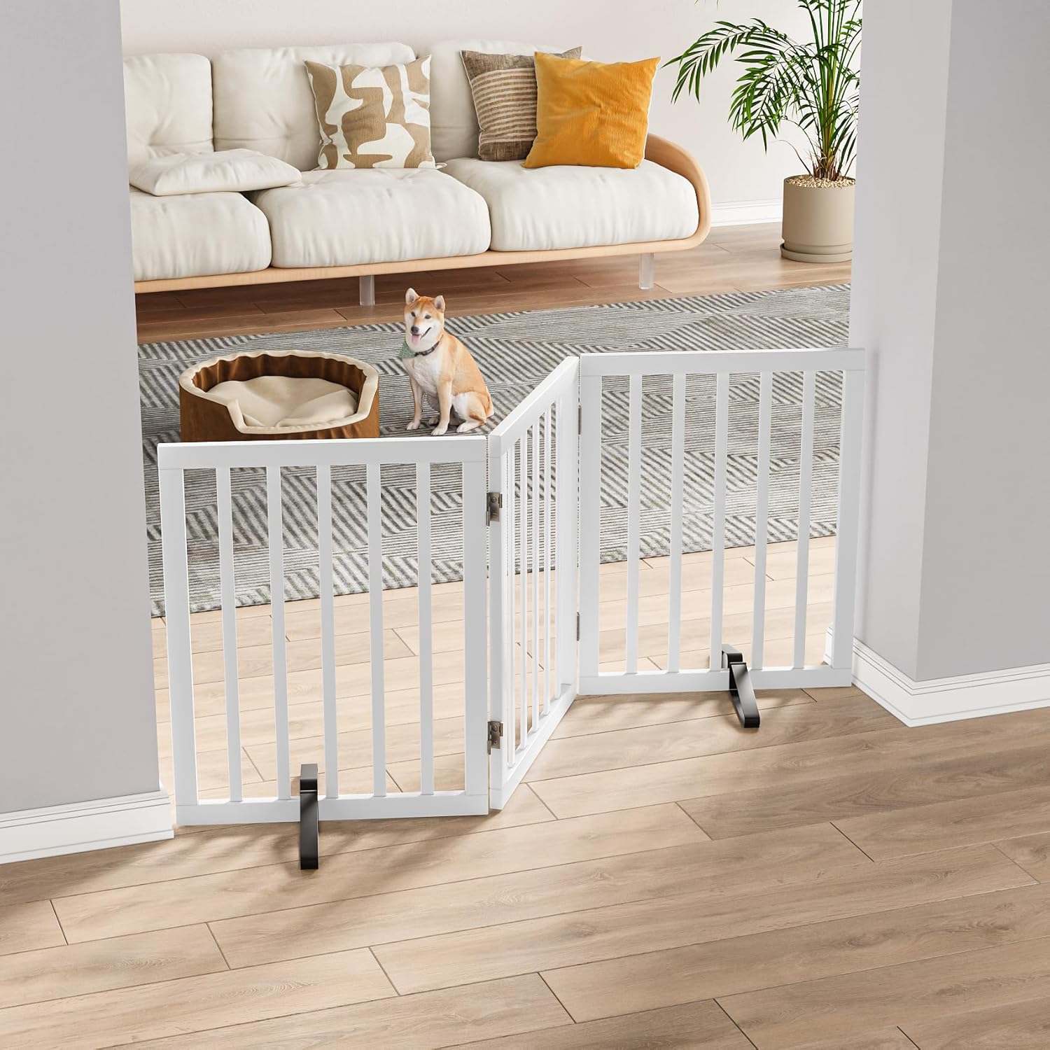 Dog Gates for The House Freestanding Foldable Pet Gates for Doorways 3 Panels 24'' Tall with 2PCS Support Feet Wooden White Dog Gate for Stairs
