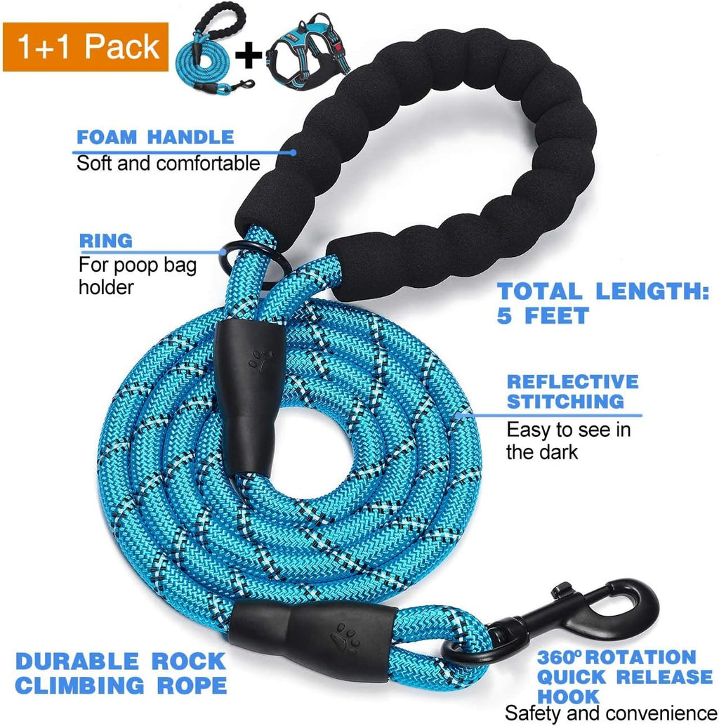 No Pull Dog Harness Adjustable Reflective Oxford Easy Control Medium Large Dog Harness with A Free Heavy Duty 5ft Dog Leash (M (Neck: 14.5"-20.5", Chest: 22"-28"), Blue Harness+Leash)
