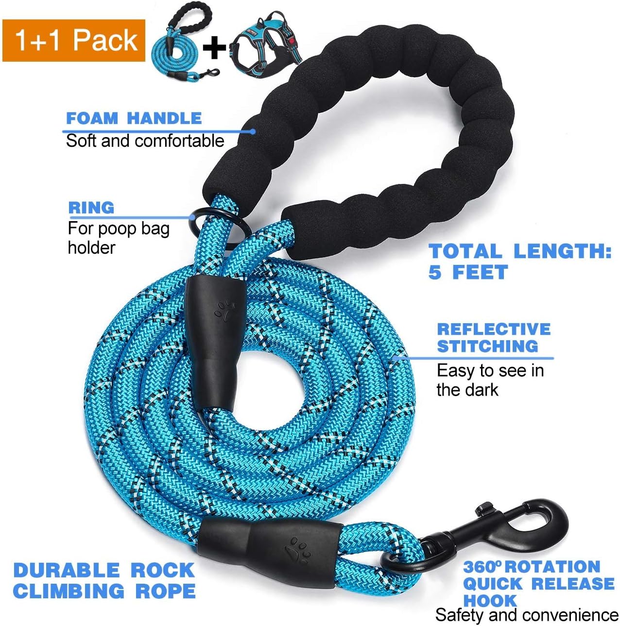No Pull Dog Harness Adjustable Reflective Oxford Easy Control Medium Large Dog Harness with A Free Heavy Duty 5ft Dog Leash (M (Neck: 14.5"-20.5", Chest: 22"-28"), Blue Harness+Leash)
