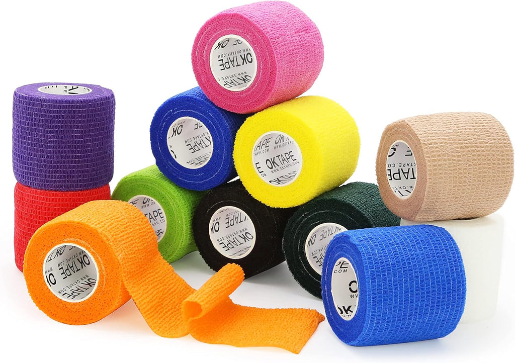 OK TAPE Self Adherent Cohesive Bandages Wrap - 12Packs, 2" x 5 Yards, Non-Woven Self Adhesive Bandage Wrap for Thumb, Finger, Wrist, Ankle, Vet Wrap Bandages Tape (Mixed Colors)