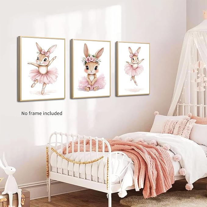 Kusag Baby Girl Nursery Posters Wall Decor, Easter Nursery Canvas Wall Art Paintings Set of 3, Cute Animal Pink Bunny Prints Pictures for Boys and Girls Room, Bedroom, Home Decor 12x16 In Unframed