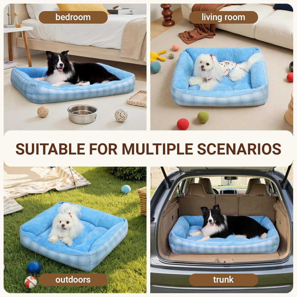 MIHIKK Rectangle Dog Beds for Large Dogs & Cats, Orthopedic Sleeping Pet Bed for Couch with Durable Puppy Cuddler and Anti-Slip Bottom Machine Washable 34 * 24 Inch (Blue)