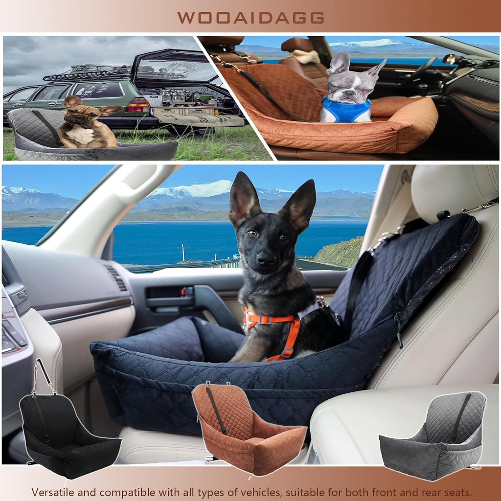 Dog Car Seat for Small Dogs,Covered Soft Fabric and Fill in Memory Foam,Easy to Assemble and Fully Detachable,2 Clip-On Safety Leashes and Storage Pockets(Brown)