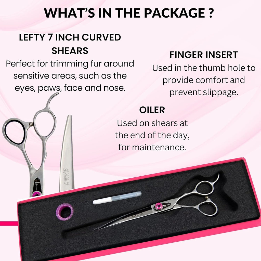 Kenchii Love Left Handed Dog Grooming Scissors, 7 Inch Curved Shears, Dog Scissors for Grooming, Professional Pet Grooming Scissors, Ergonomic & Comfortable