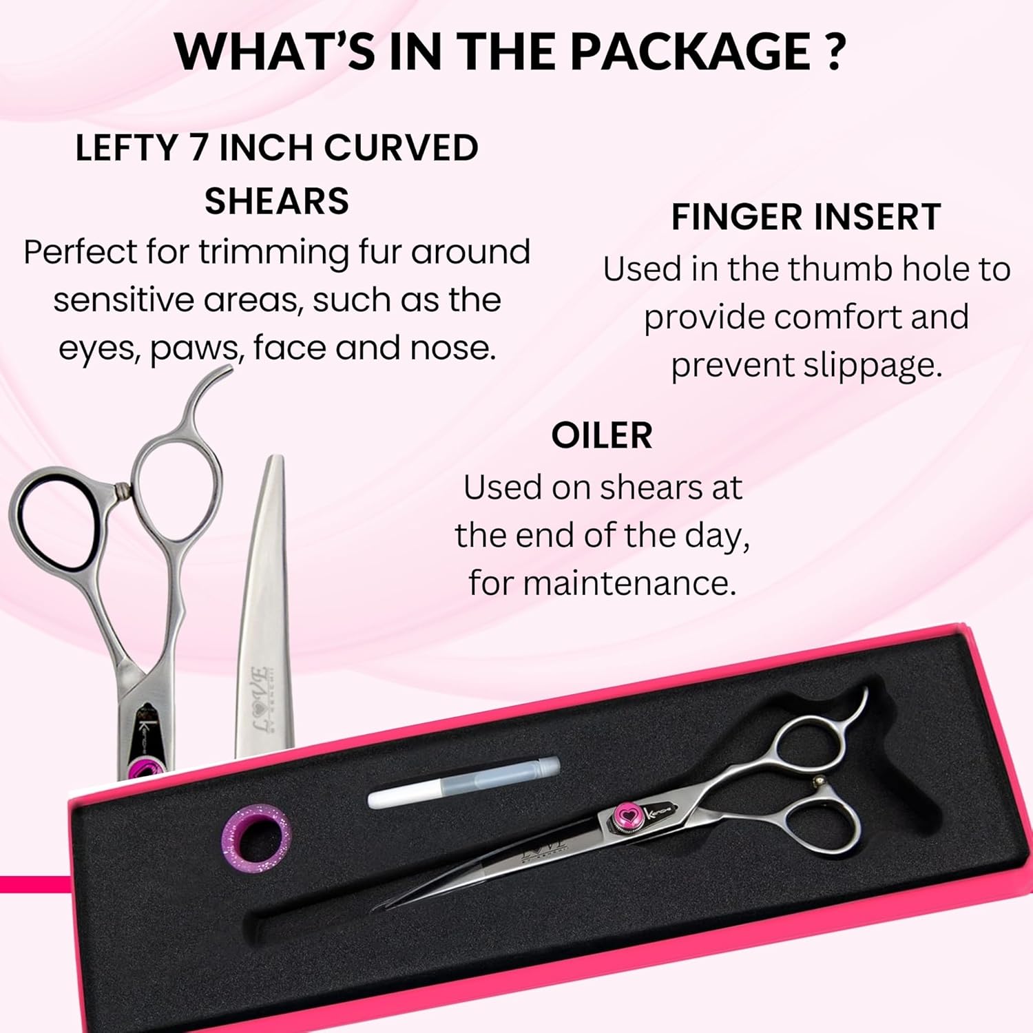 Kenchii Love Left Handed Dog Grooming Scissors, 7 Inch Curved Shears, Dog Scissors for Grooming, Professional Pet Grooming Scissors, Ergonomic & Comfortable