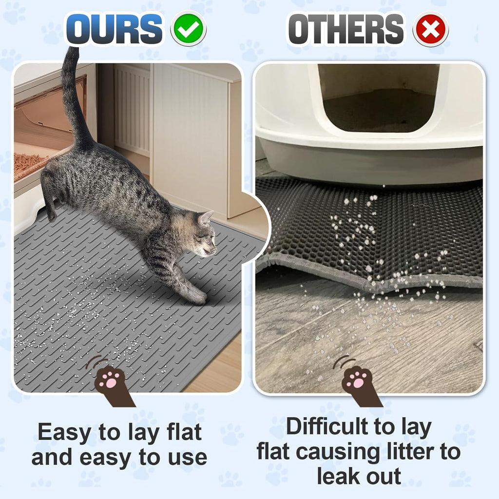 MEWTOGO Easy Clean Silicone Cat Mat for Litter Box - 39" x 26.6" Extra Large Waterproof Non-Slip Kitty Litter Trapping Mat for Protecting Floor, Less-Mess Food Water Mat for Indoor, Gray