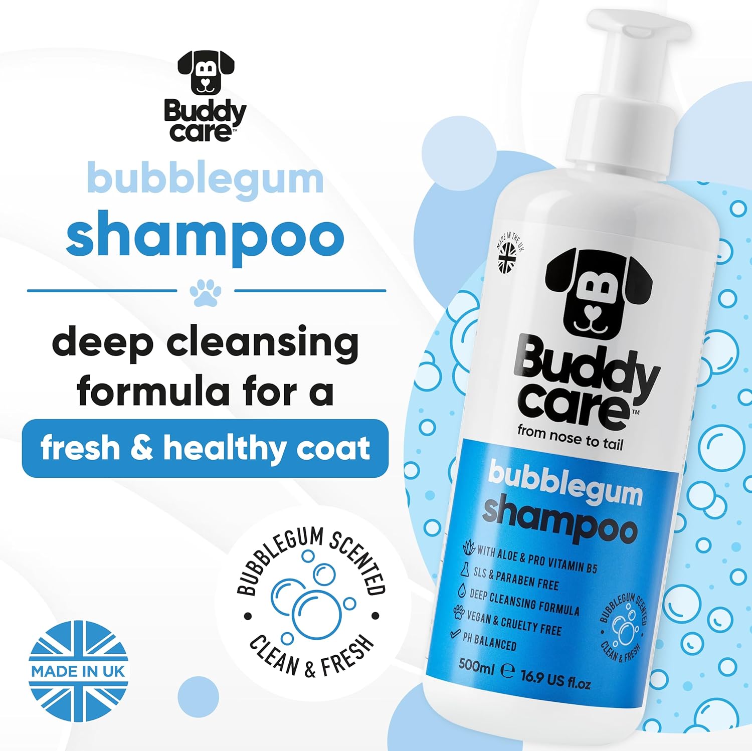 Bubblegum Dog Shampoo by Buddycare | Deep Cleansing Shampoo for Dogs | Bubblegum Scented | with Aloe Vera and Pro Vitamin B5 (50.72oz)
