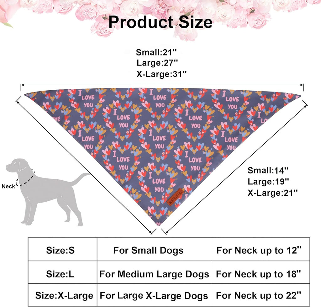 ADOGGYGO Valentine Dog Bandanas, Heart Love Floral Pet Scarf, Multi Size Offered, Pink Blue Pet Valentine Bandana for Medium Large Dogs (Large)