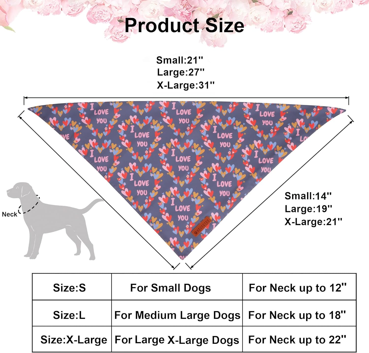 ADOGGYGO Valentine Dog Bandanas, Heart Love Floral Pet Scarf, Multi Size Offered, Pink Blue Pet Valentine Bandana for Medium Large Dogs (Large)
