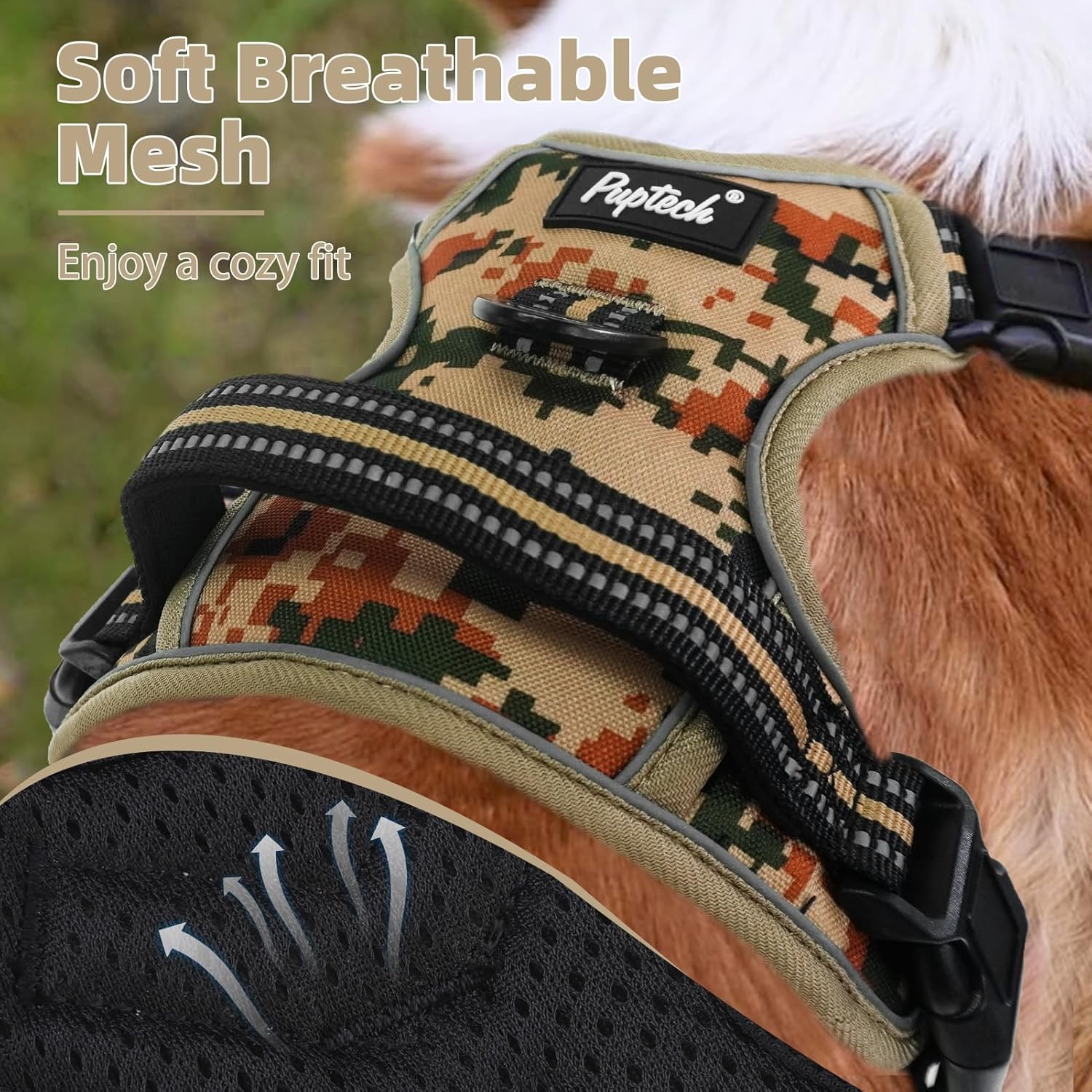 PUPTECK No Pull Dog Harness Medium Sized, Adjustable Reflective Dog Harness with Handle Easy Control, Comfortable Soft Padded Pet Vest Harness for Medium Dogs, Camouflage M