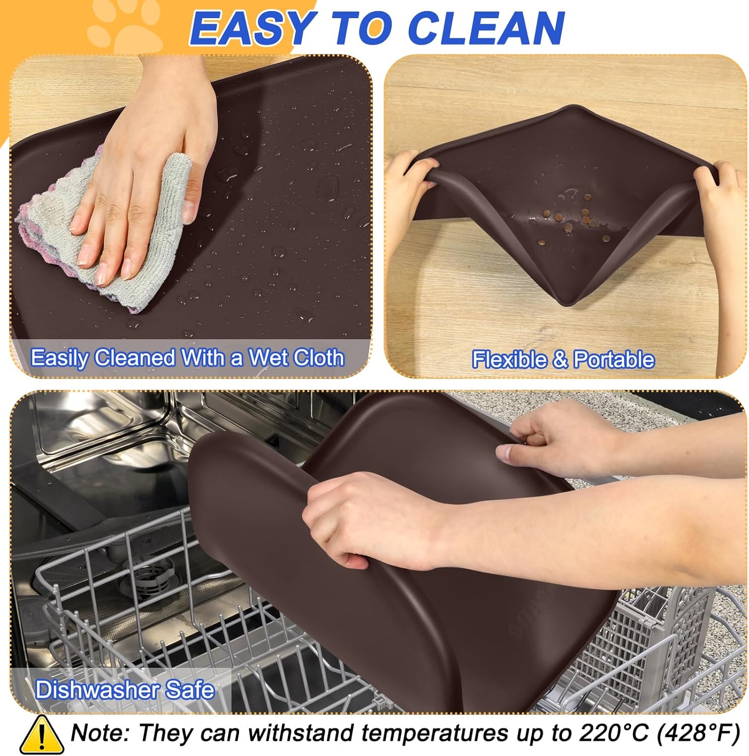 Silicone Pet Feeding Mat with Raised Edge for Food and Water, Dog Bowl Mats, Cat Bowls Placemat with High Lip for Floor Waterproof, Rubber Tray for Cats and Dogs 19 x 12 x0.7 Dark Brown