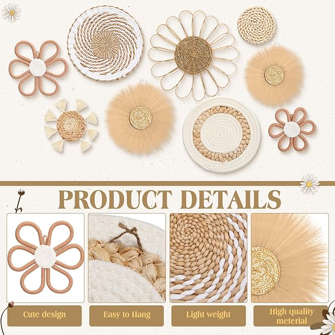 Chunful 9 Pcs Boho Nursery Wall Decor Daisy Flower Woven Macrame Seagrass Rattan Basket Wall Hanging Bohemian Decorations Gifts for Home Dorm Art Farmhouse Bedrooms Living Room (Boho)