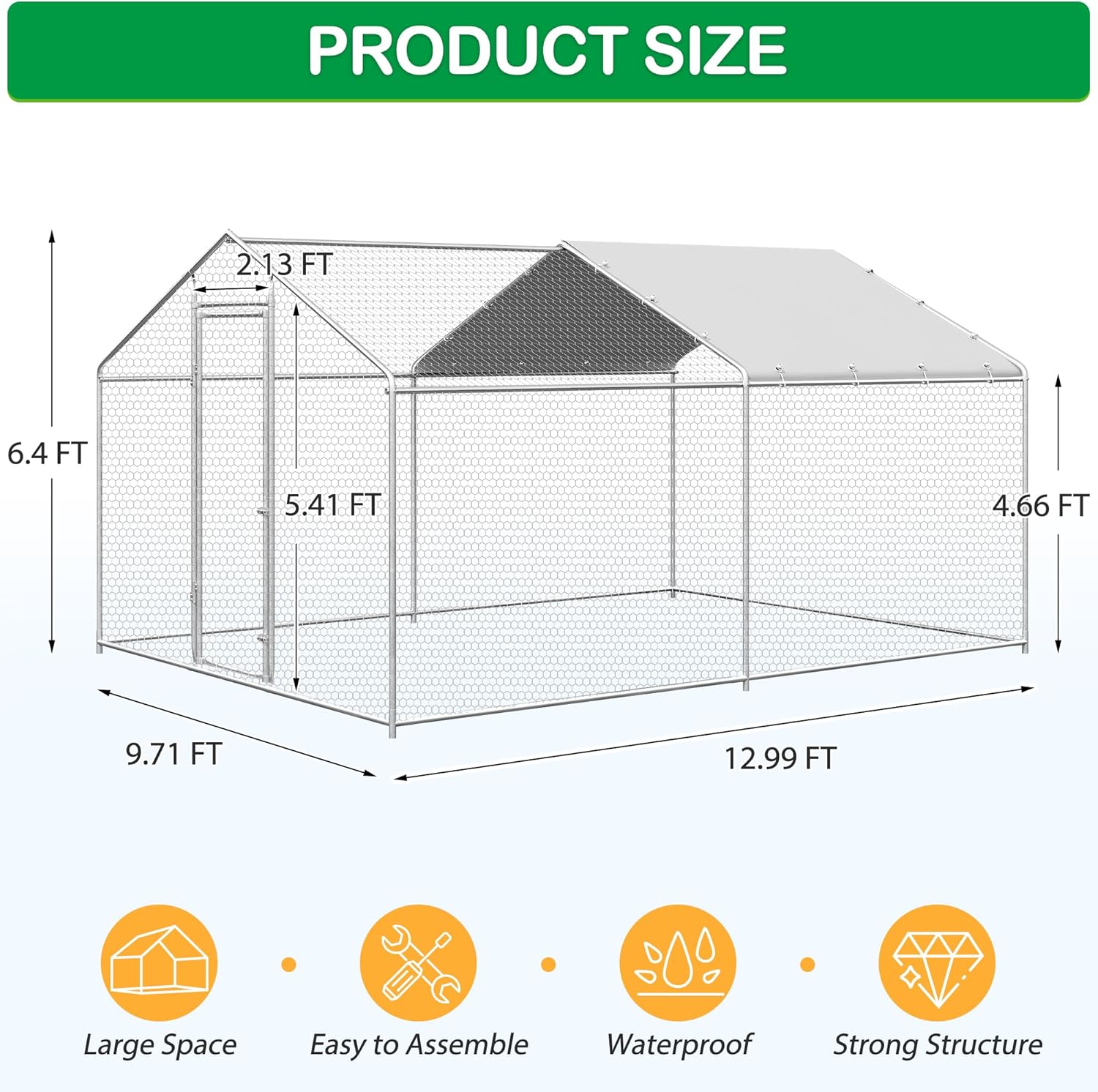 Large Metal Chicken Coop, Walk-in Chicken Run Pen with Waterproof Cover, Spire Roof Poultry Cage Run for Outdoors, Backyard, Farm(9.7'Wx12.99'Lx6.4'H)