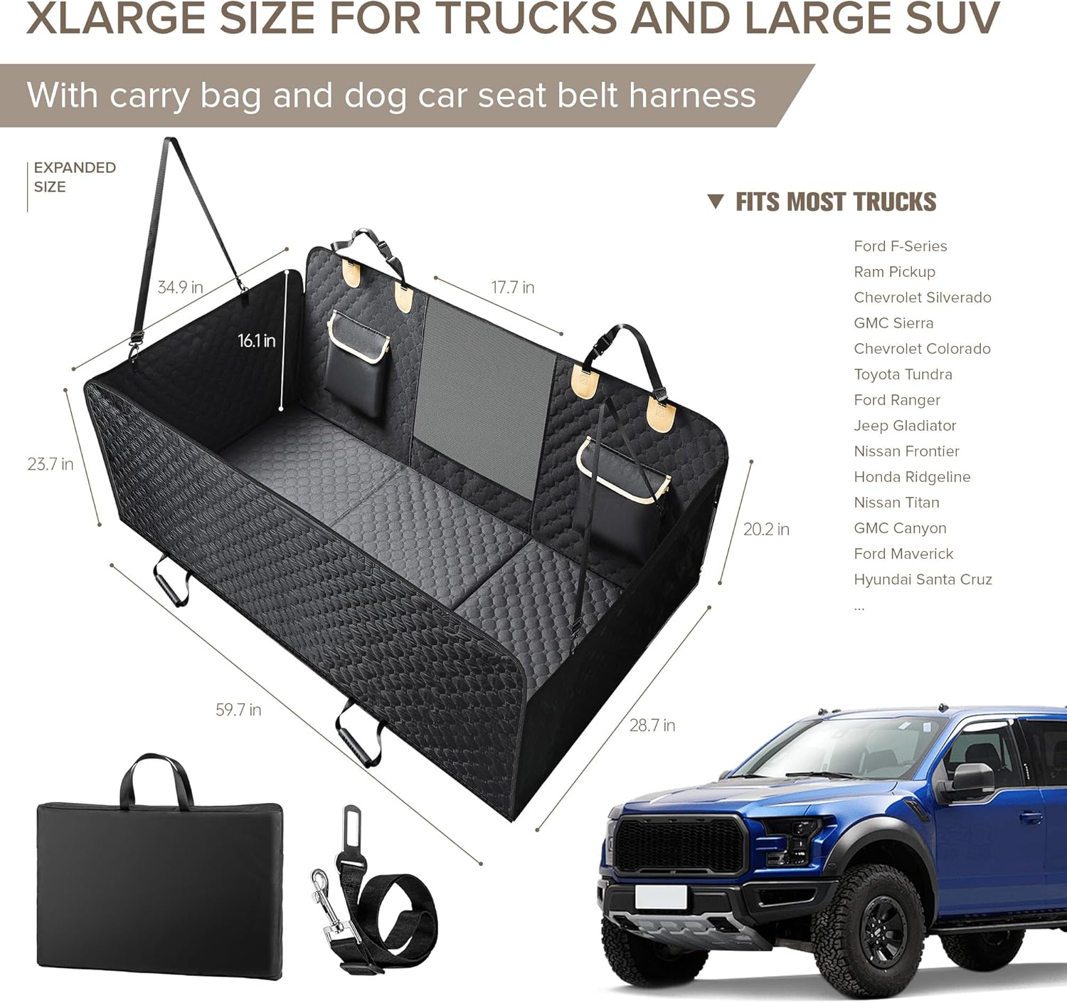 XL Truck Back Seat Extender for Dogs, Hard Bottom Dog Car Seat Cover for Back Seat, Heavy Duty Dog Hammock for Aggressive Chewers, Waterproof Pet Seat Covers for Trucks, F150, Ram1500, Large SUV
