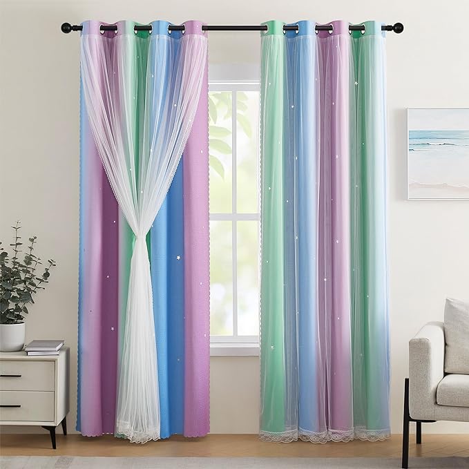 XiDi Girls Curtains for Bedroom 63 Inches Long 2 Panels Green Purple Blue Rainbow Blackout Curtains for Little Girl Kids Room Decor Living Room, Princess Unicorn Wall Decals Drapes 52x63