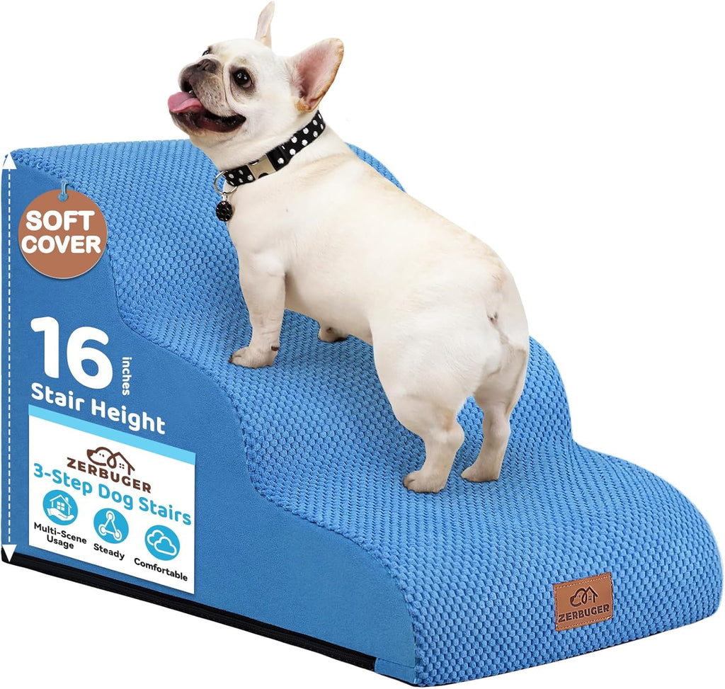 Dog Ramp and Stair for Bed 16" H-20 H,3-Step Cat Stair for Sofa and Chair,4-Step Dog Ramp for High Bed and Window,Durable Nonslip Fabric Cover for Indoor (Blue-16“H, Pet Friendly, 3)