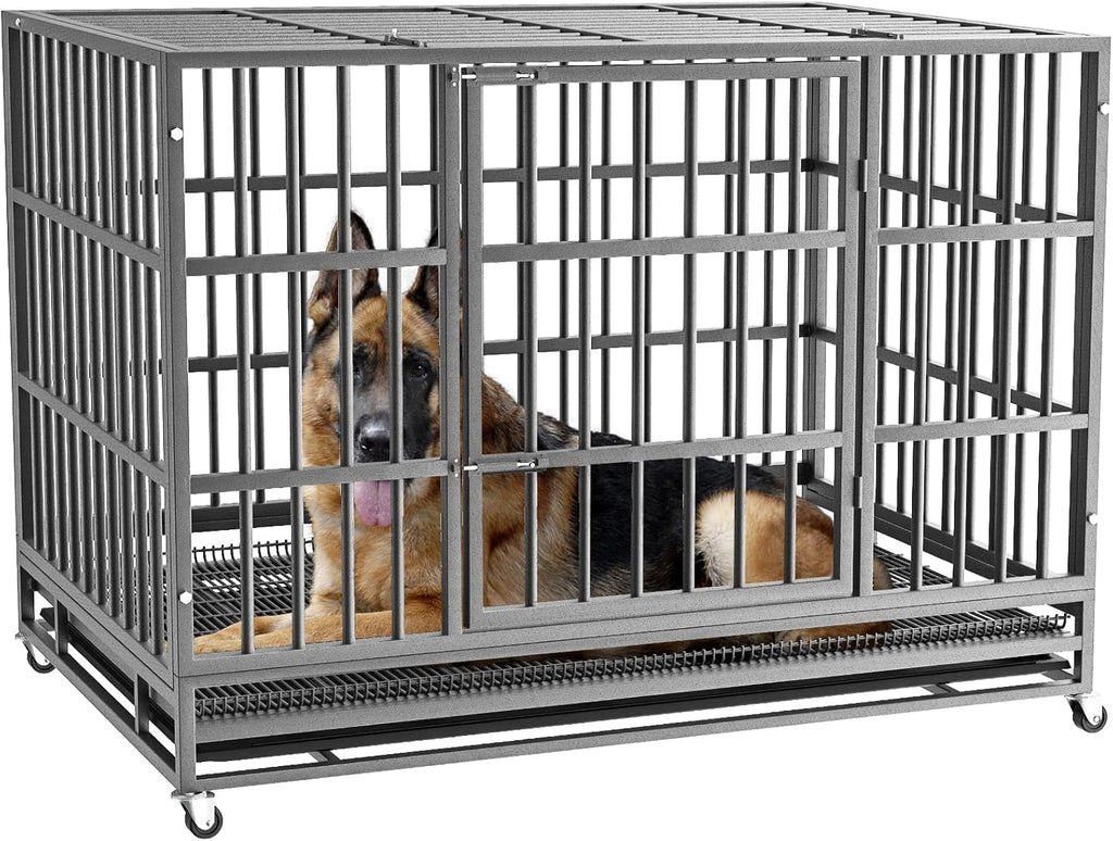 LEMBERI 48/38 inch Heavy Duty Indestructible Dog Crate, Escape Proof Dog Cage Kennel with Lockable Wheels,High Anxiety Double Door Dog Crate,Extra Large Crate Indoor for Large Dog with Removable Tray