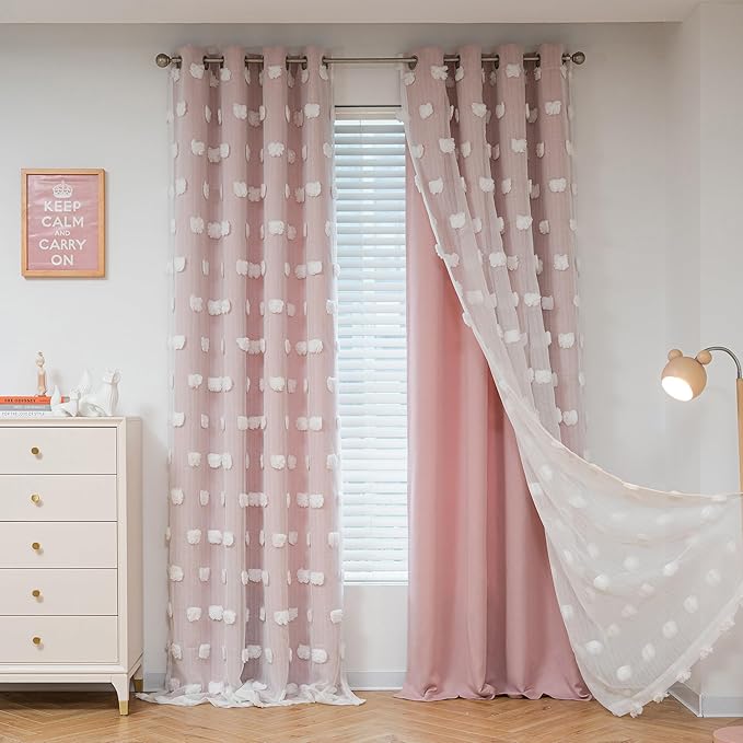 MYSKY HOME Light Blocking Pink Curtains for Living Room White Sheer Pom Pom Kids Room Decor Drapes 102 Inches Long Double Layer Curtain for Sliding Door Grommet Window Panels Set of 2 52" x 102"