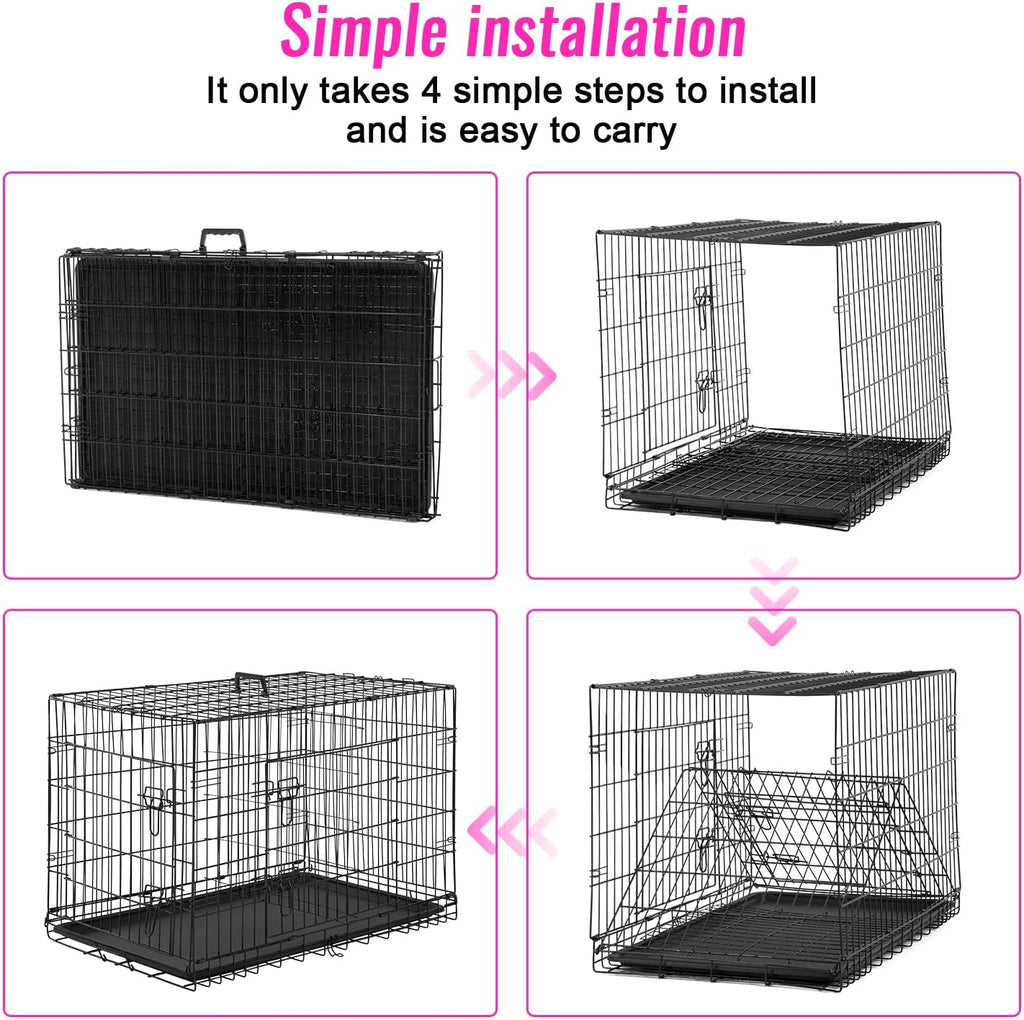 FDW Dog Crate for Large Dogs 48 Inch Folding Metal WirePet Cage Double Door W/Divider Panel Indoor Outdoor Kennel Leak-Proof Plastic Tray,Black