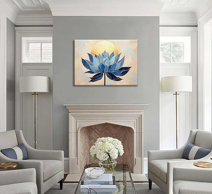 Zen Canvas Wall Art Abstract Blue Lotus Flower Boho Sunrise Gold Sun Spiritual Painting Pictures Wall Decor Poster Print Artwork for Office Yoga Room Spa Room Meditation Room Home Decoration