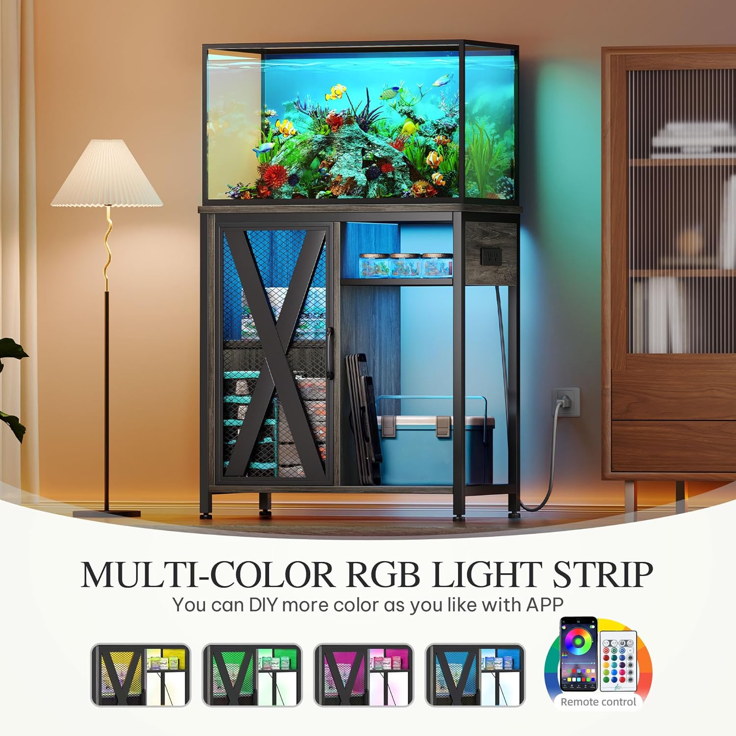 YITAHOME Fish Tank Stand with Power Outlets & LED Light, 20-29 Gallon Metal Aquarium Stand with Cabinet for Fish Tank Accessories Storage for Turtle Tank, Reptile Terrarium, 350LBS Capacity, Grey