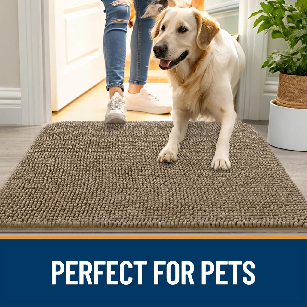 OLANLY Dog Door Mat for Muddy Paws 44x24, Absorbs Moisture and Dirt, Absorbent Non-Slip Washable Doormat, Quick Dry Chenille Mud Mat for Dogs, Entry Indoor Entryway Carpet for Inside Floor, Tan