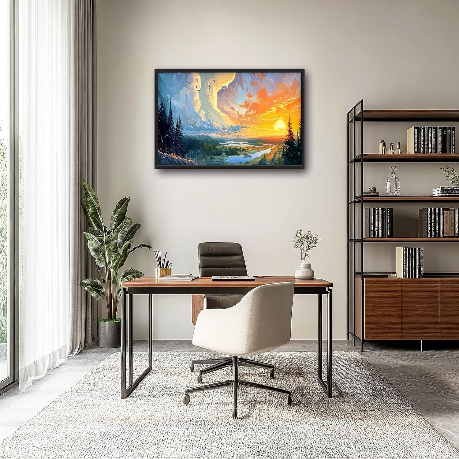 Framed Large Sunrise Wall Art for Living Room, Oversized Sunrise Wall Decor Forest Lake Landscape Canvas Print Natural Picture Home Decoration for Bedroom Living Room Office 36"x24"