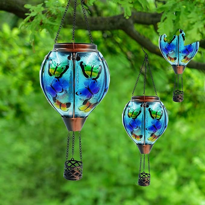 Glass Solar Hot Air Balloon Lantern with Flame Hanging Garden Flickering Light Outdoor Waterproof for Yard Patio Tree Mother's Day Gift, Butterfly