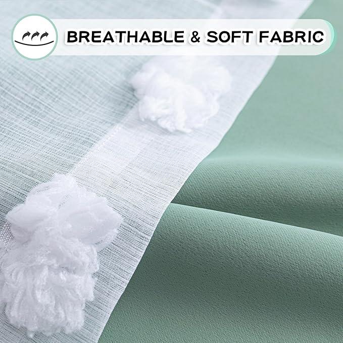 MYSKY HOME Kids Curtains for Boys Bedroom Room Darkening Grommet Double Layer Curtains for Son Room Decor 63 Inches Long White Pom Pom Sheer Blackout Curtains 2 Layers Aqua 52 x 63 Inch 2 Panels