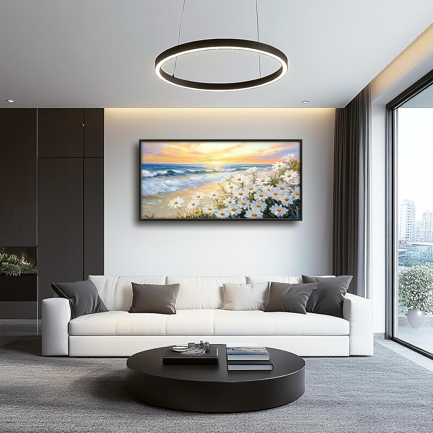 Large Beach Daisy Wall Art, Framed Coastal Beach Wall Decor for Living Room, Oversized Sunrise Canvas Painting Seascape Pictures Home Decoration for Living Room Bedroom Office 60"x30"
