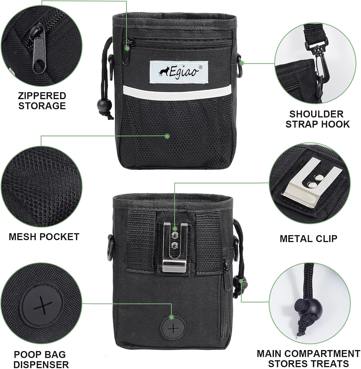 Dog Treat Pouch with Drawstring Closure, Puppy Training Bag, Built-in Pet Poop Bag Dispenser, Waist Belt Clip, 3 Ways to Wear