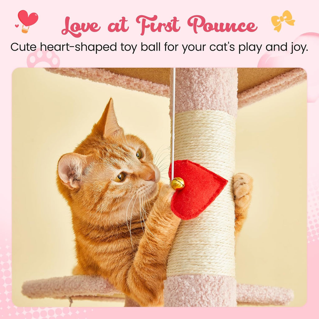 MWPO Cute Cat Tree, 63.8-Inch Pink Cat Tower for Indoor Cats, Multi-Level Cat Condo with 5 Scratching Posts, 2 Perches, Hammock, Dangling Toys