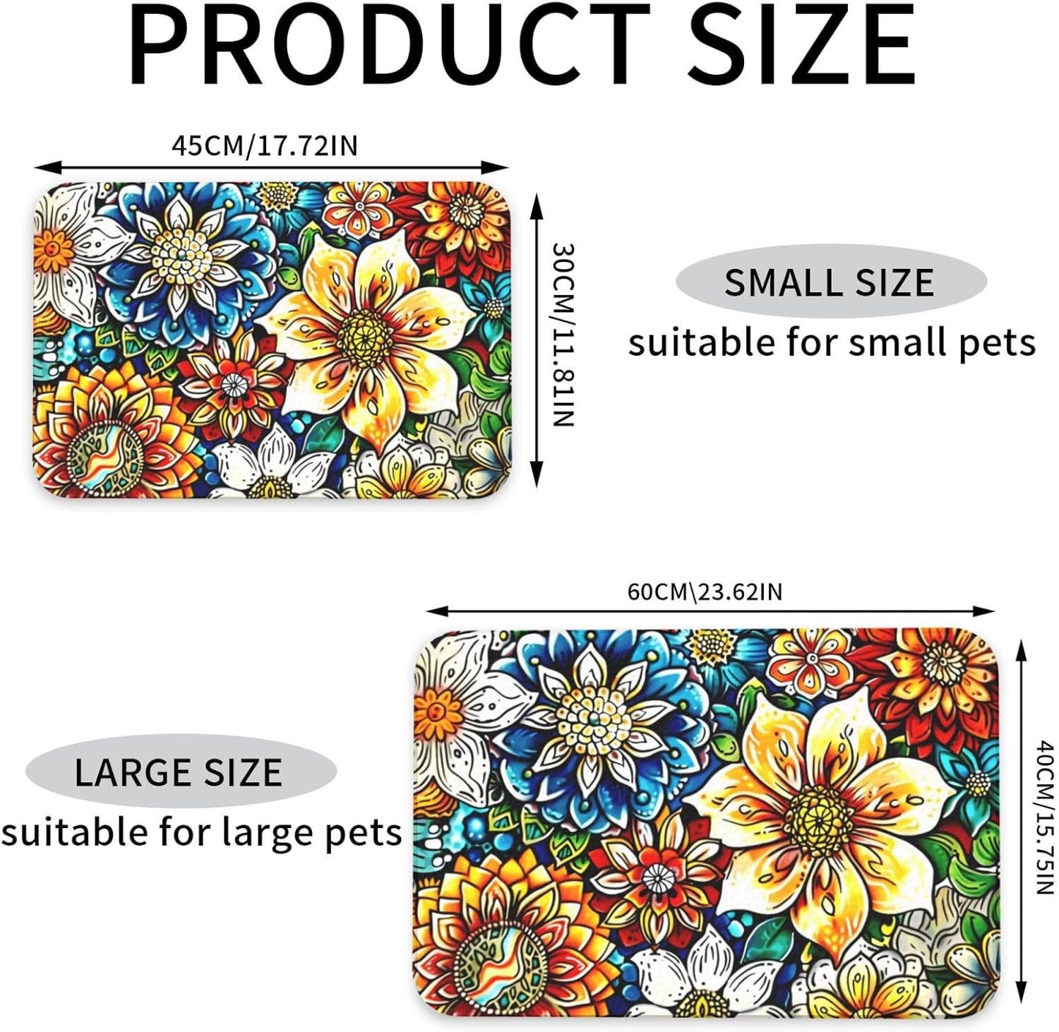 Colorful Mandala Dog Food Mat Absorbent Bowl Mats No Stains Quick Dry Waterproof Pet Cat Placemats for Food and Water, 30x45cm