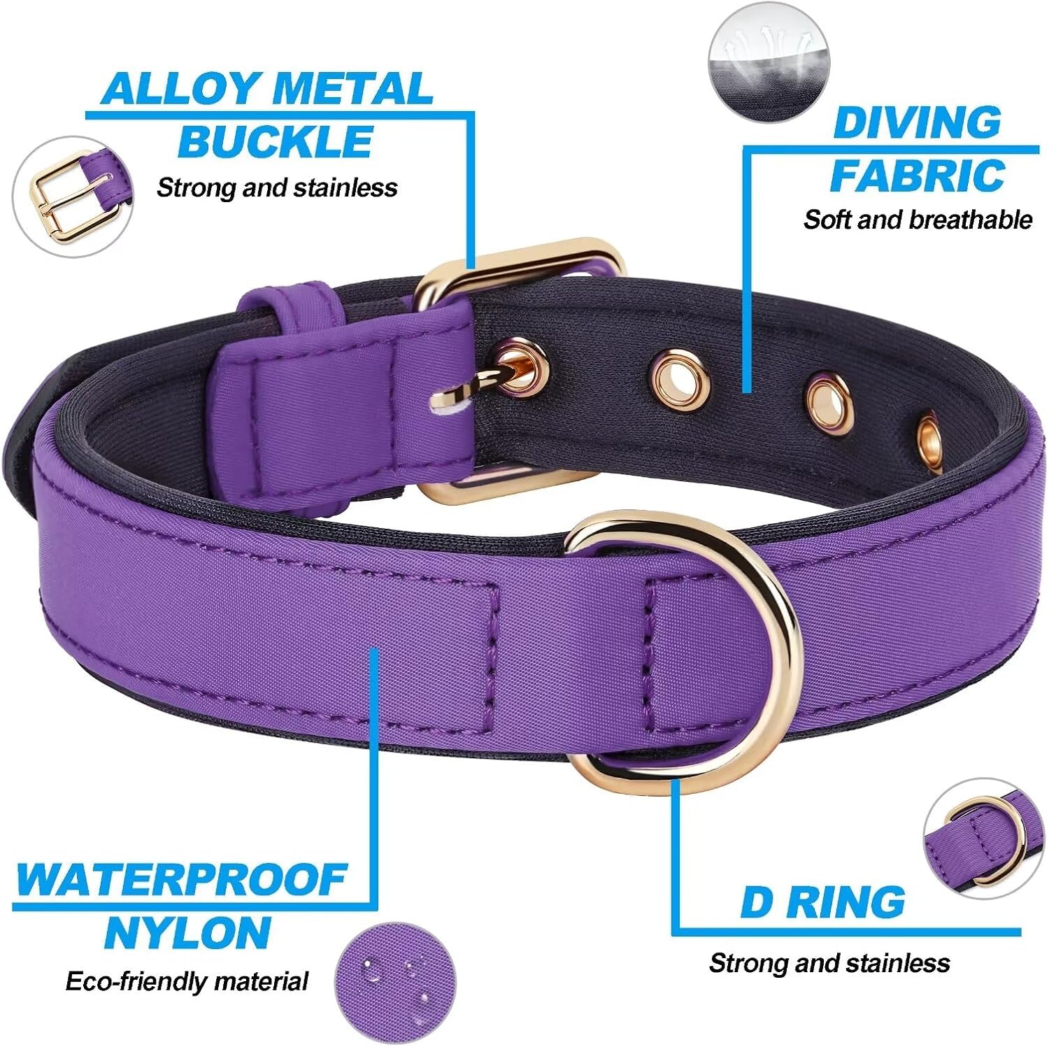 Didog Soft Padded Dog Collars for Medium Dogs, Lightweight and Breathable Purple Dog Collar with Metal Buckle, Purple, L