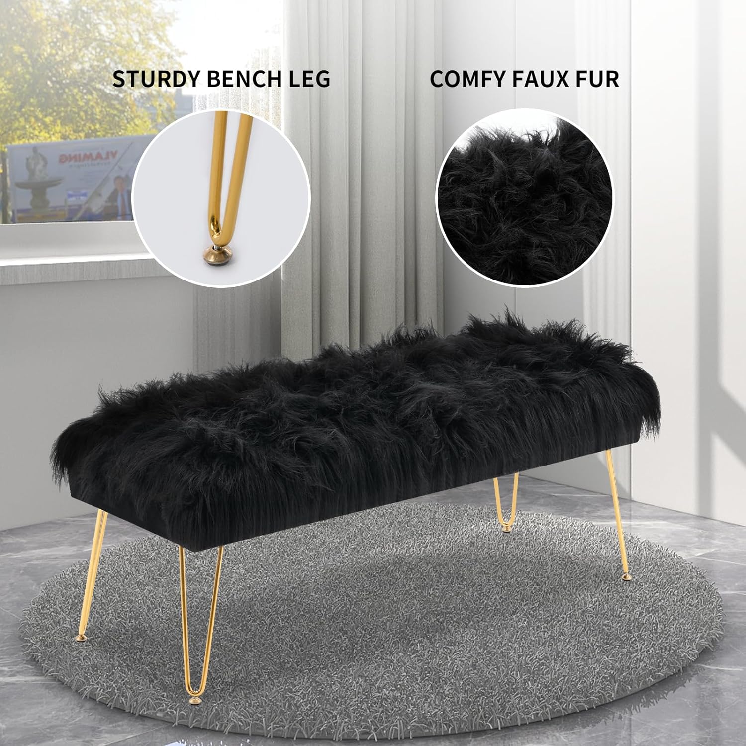 42.5 Inch Black Bedroom Bench, Benches for Bedroom White Faux Fur Upholstered Bed end Bench, Tufting Ottoman Bench Indoor Bench with Metal Legs for Living Room Bedroom Entryway, Black