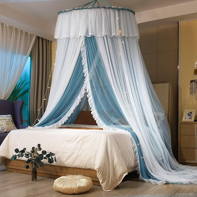 AIKASY Princess Bed Canopy for Girls & Adults, Elegant Double-Layer Bed Curtain, Children's Dream Round Lace Mosquito Net - Fits Twin, Full, Queen, and King Beds(Blue/White)