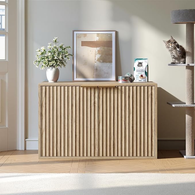 Evermagin 31.5" Oak Cat Litter Box Enclosure Furniture, Large Hidden Litter Box - Image 2