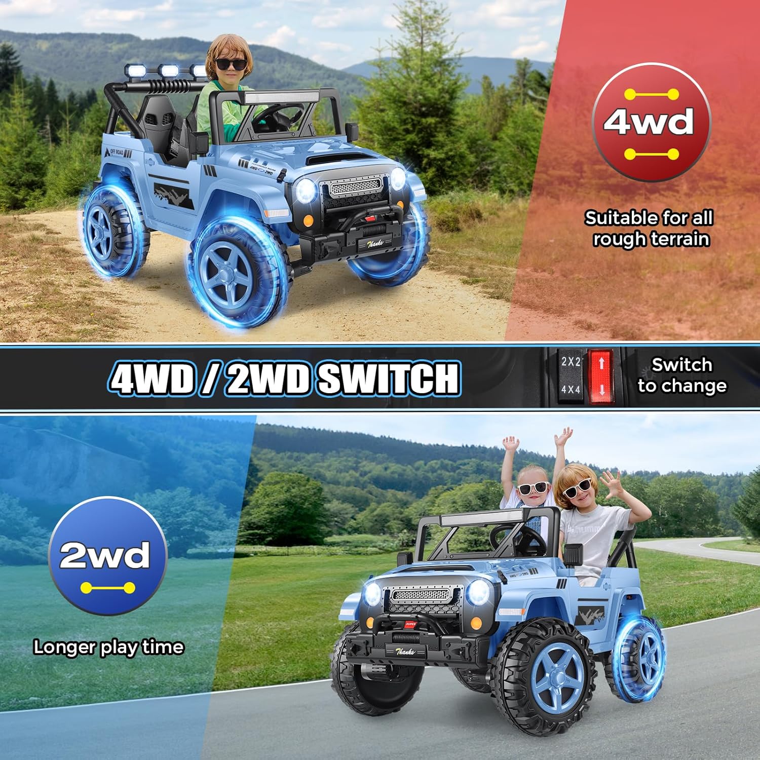 Hikole 2 Seater XL Ride on Cars for Kids - 24V Electric Car with 20 Inch Wide Seat, 4WD/2WD Switch, Remote Control, LED Lights, Music Player, Battery Powered Car for Kids, Blue-Gray
