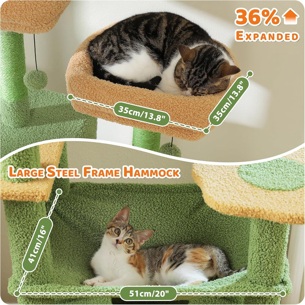 PAWZ Road Heavy Duty Cat Tree for Large Cats, 81 Inches Cactus Tall Cat Tower with 2 Perches, 2 Condos and Spacious Hammock, XL Extra Large Condo with 7 Scratching Posts for 20lb+ Adult Cats, Green