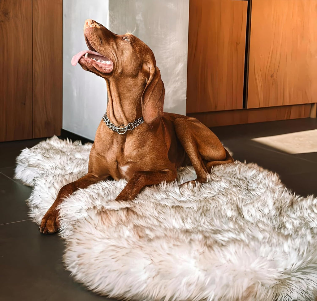 IHAPPYDOG Luxury Faux Fur Orthopedic Dog Bed, Memory Foam Dog Bed for Small, Medium, Large and XL Pets, Fluffy Pet Bed with Waterproof and Washable Cover (White w/Brown Tips, 60"x35")