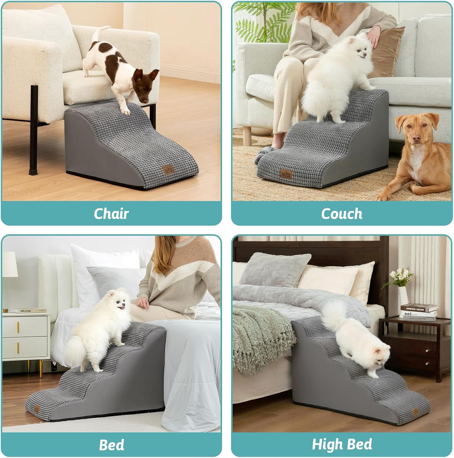 Dog Stairs for High Bed 22.6" H, Small Dog Step for Puppy, Older or Cat, Curved Ramp for Car, Ladder with High Density Foam, Lightweight, Durable, 15.7x33x22.6 inch, 5 Step, Light Grey