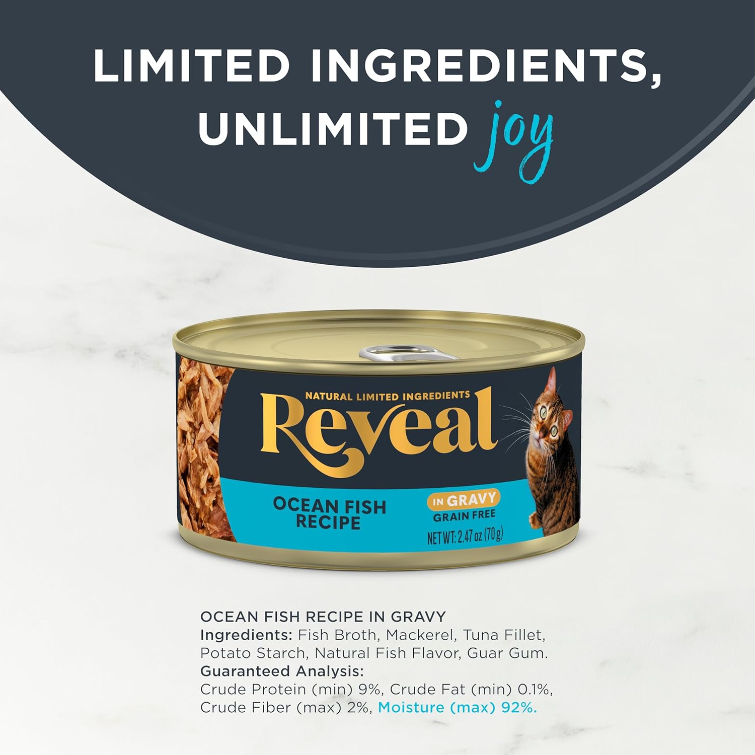 Reveal Natural Wet Cat Food, 24 Count, Grain Free, Limited Ingredient Canned Food for Cats, Ocean Fish in Gravy, 2.47 oz Cans