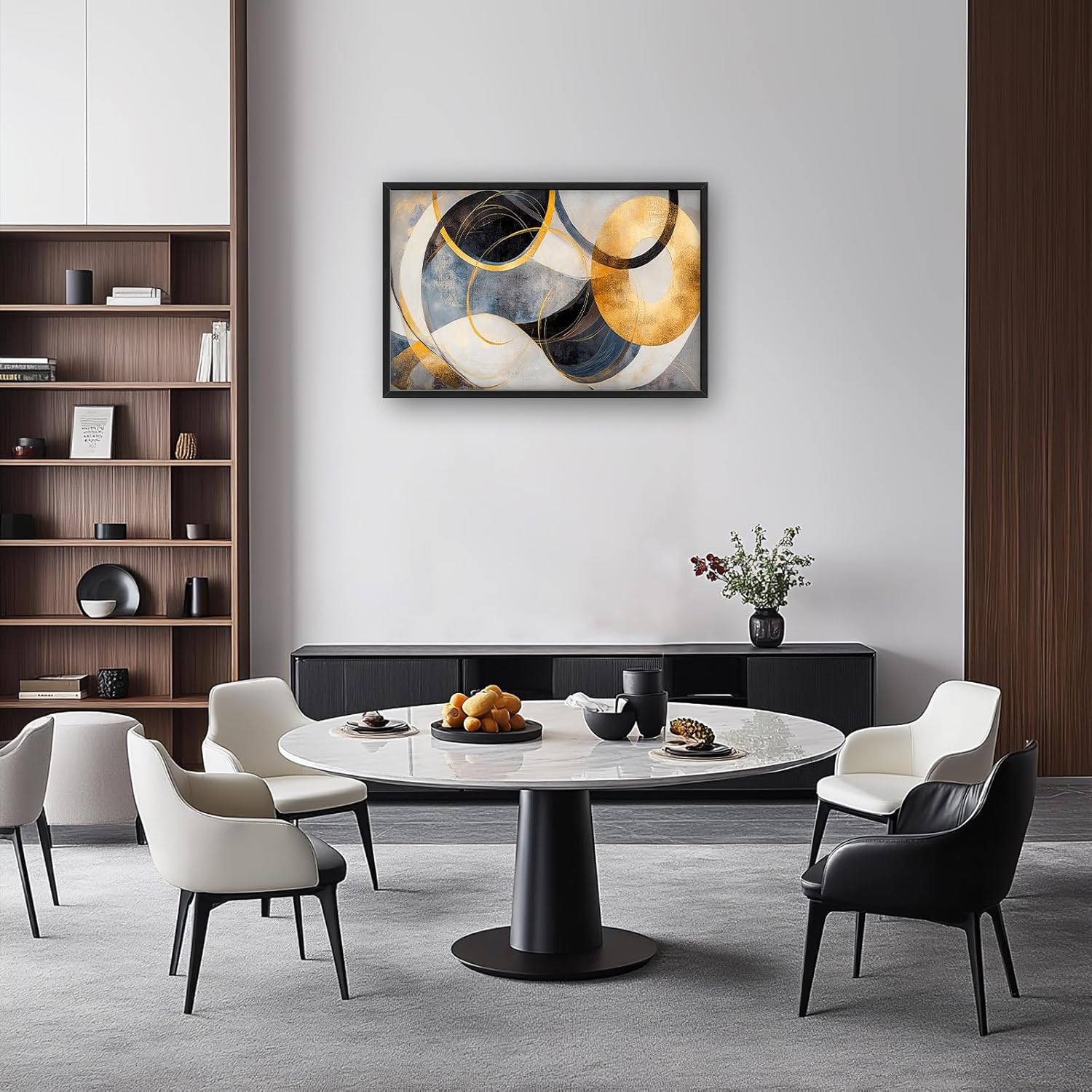 Large Abstract Wall Art for Living Room, Oversized Abstract Circle Wall Decor, Black and Golden Abstract Canvas Painting Modern Artwork Home Decoration for Living Room Bedroom Office Framed 36"x24"