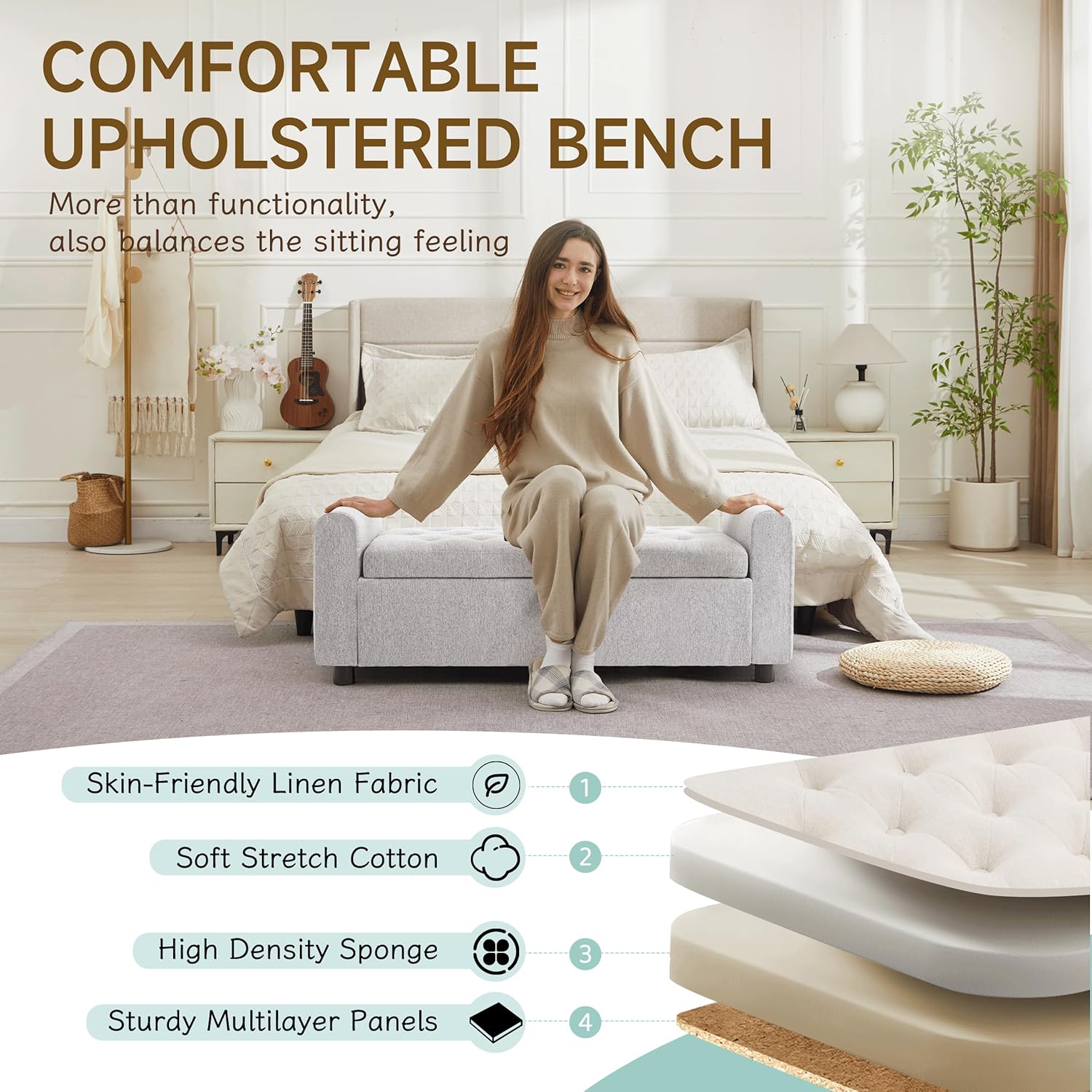 Ottoman with Storage, Tufted Storage Bench for Bedroom, 48" Fabrics End of Bed Bench, Upholstered Entryway Shoe Benches with Rolled Arm & Inner Zipper, Window Ottomans Chest without Rivets, Light Grey